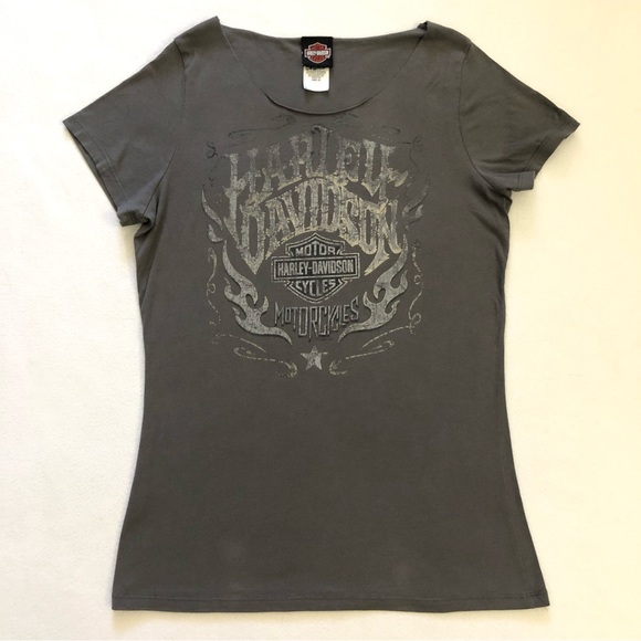 Harley-Davidson Tops - Harley Davidson Women Gray Flame Eagle Texas Raw Edge Cap Sleeve T-Shirt Top XL